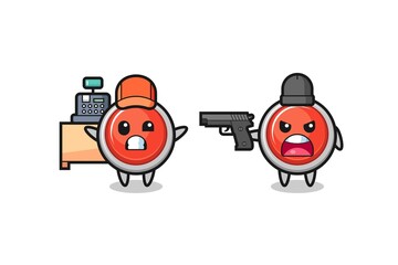 illustration of the cute emergency panic button as a cashier is pointed a gun by a robber