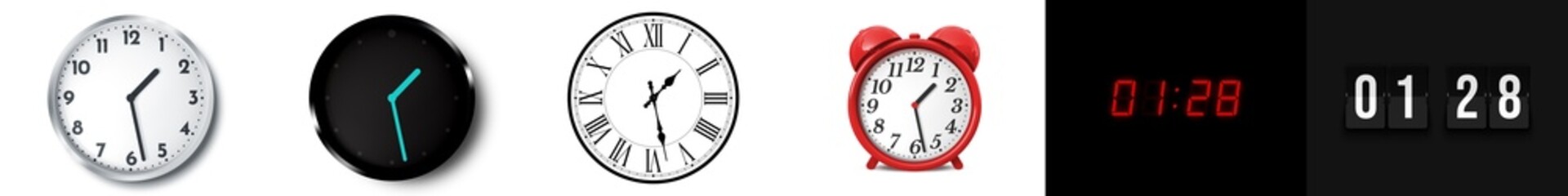 01:28 (AM and PM) or 13:28 time clock icons