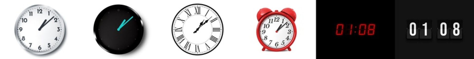 01:08 (AM and PM) or 13:08 time clock icons