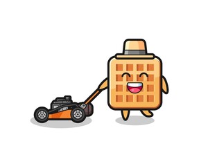illustration of the waffle character using lawn mower
