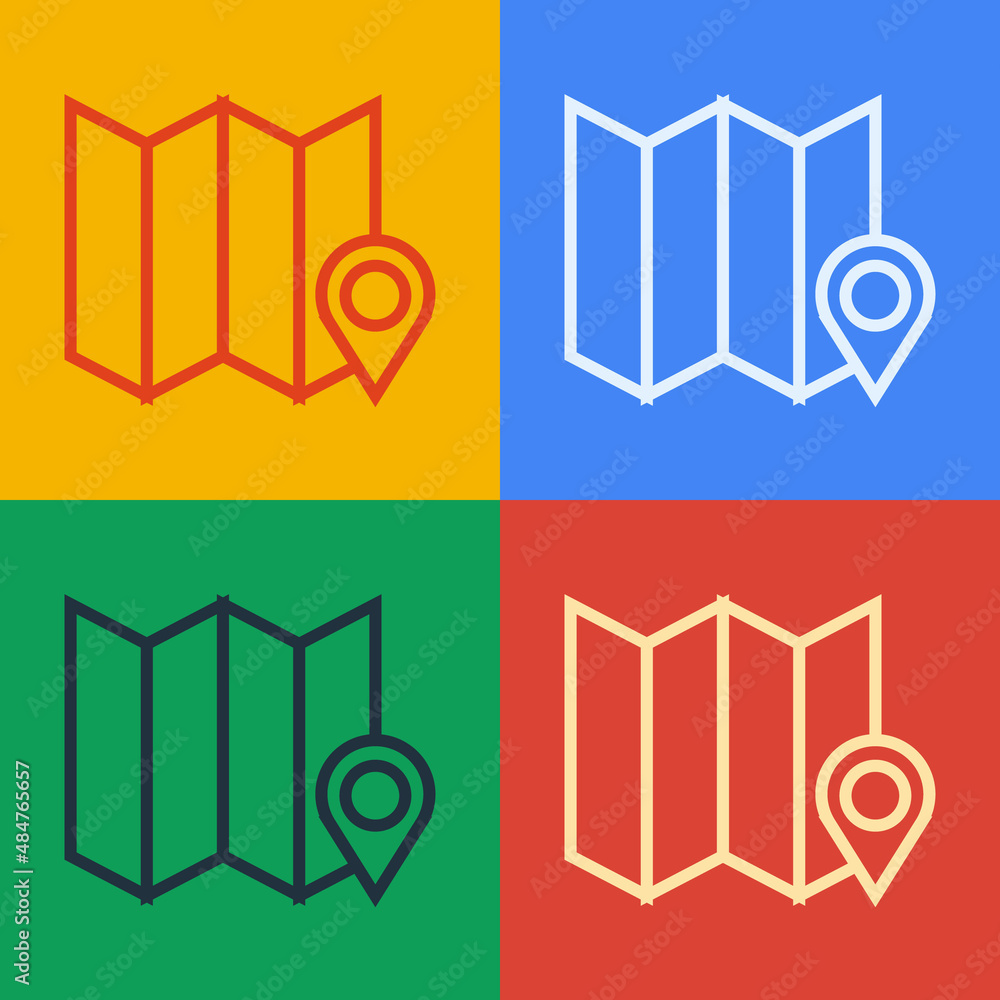 Poster pop art line folded map with location marker icon isolated on color background. vector