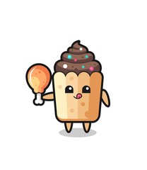 cupcake cute mascot is eating a fried chicken
