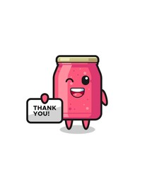 the mascot of the strawberry jam holding a banner that says thank you