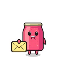 cartoon illustration of strawberry jam holding a yellow letter