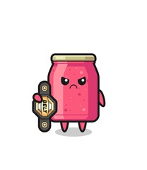 strawberry jam mascot character as a MMA fighter with the champion belt