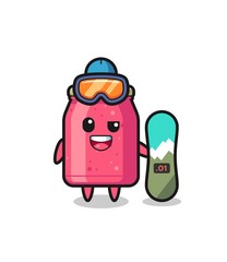 Obraz premium Illustration of strawberry jam character with snowboarding style