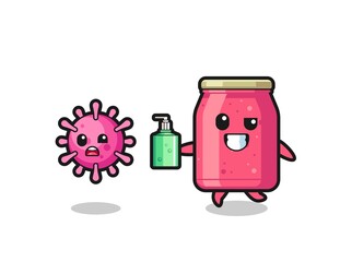illustration of strawberry jam character chasing evil virus with hand sanitizer