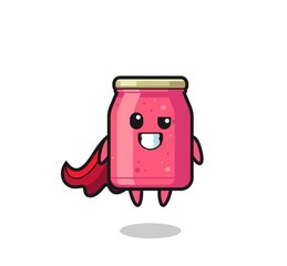 the cute strawberry jam character as a flying superhero