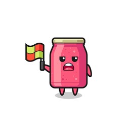 strawberry jam character as line judge putting the flag up