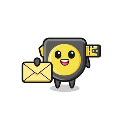 cartoon illustration of tape measure holding a yellow letter