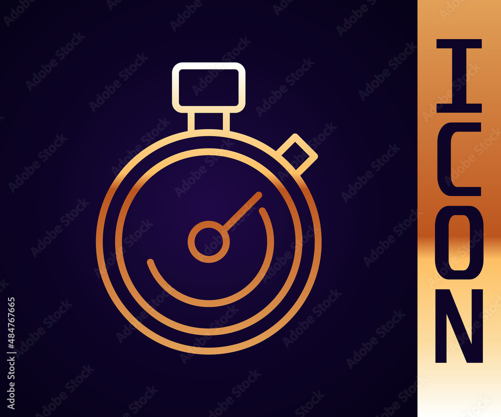 Poster gold line stopwatch icon isolated on black background. time timer sign. chronometer sign. vector