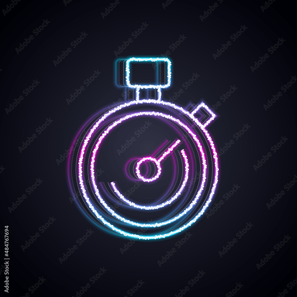 Poster glowing neon line stopwatch icon isolated on black background. time timer sign. chronometer sign. ve