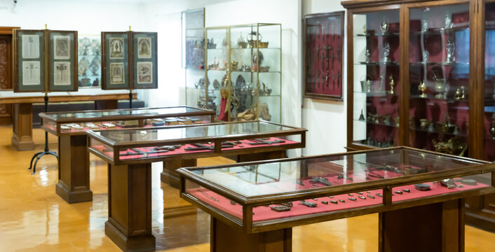 BARCELONA, SPAIN - FEBRUARY 23, 2020: Collection of artisan arts and crafts from Middle Ages exhibited in Museum of Frederic Mares