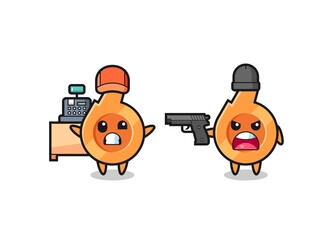 illustration of the cute whistle as a cashier is pointed a gun by a robber