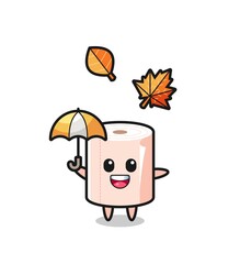 cartoon of the cute tissue roll holding an umbrella in autumn