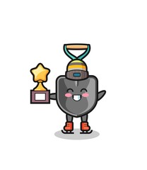 shovel cartoon as an ice skating player hold winner trophy