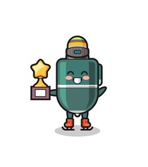 ballpoint cartoon as an ice skating player hold winner trophy