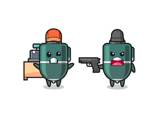 illustration of the cute ballpoint as a cashier is pointed a gun by a robber