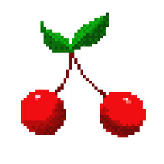 Vector pixel art illustration of two cherries isolated at white background. Retro vintage 8bit video game style.