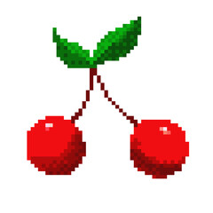 Fototapeta premium Vector pixel art illustration of two cherries isolated at white background. Retro vintage 8bit video game style.