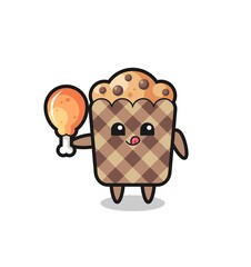 muffin cute mascot is eating a fried chicken