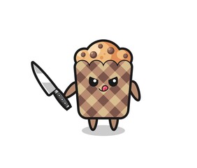 cute muffin mascot as a psychopath holding a knife