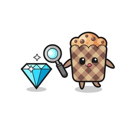 muffin mascot is checking the authenticity of a diamond