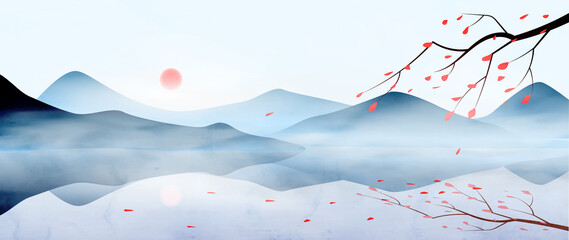 Blue Japanese mountains in Japanese style with tree and sakura flowers. Oriental landscape watercolor art background for decor, website design, banner