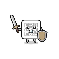 cute qr code soldier fighting with sword and shield