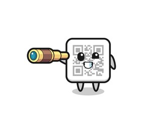 cute qr code character is holding an old telescope