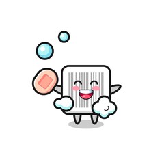 barcode character is bathing while holding soap
