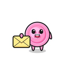 cartoon illustration of clothing button holding a yellow letter
