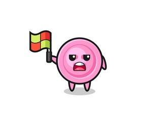 clothing button character as line judge putting the flag up