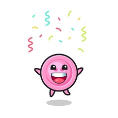 happy clothing button mascot jumping for congratulation with colour confetti