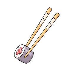 Maki sushi roll with chopsticks isolated cartoon vector icon