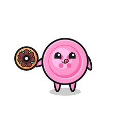 illustration of an clothing button character eating a doughnut
