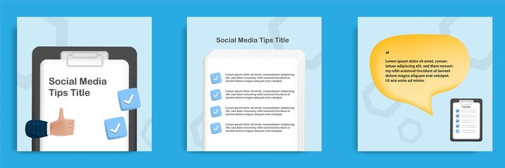 Social media tips, trick, and informative post banner template design in 3D cartoon style with clipboard document letter