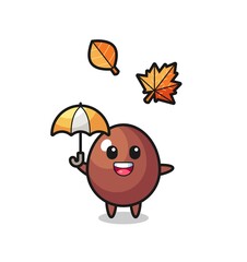 cartoon of the cute chocolate egg holding an umbrella in autumn