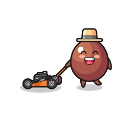 illustration of the chocolate egg character using lawn mower