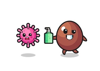 illustration of chocolate egg character chasing evil virus with hand sanitizer