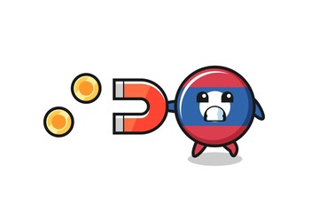 the character of laos flag hold a magnet to catch the gold coins