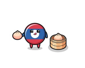 cute laos flag character eating steamed buns