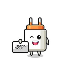 the mascot of the power adapter holding a banner that says thank you