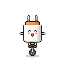 The cute power adapter character is riding a circus bike