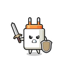 cute power adapter soldier fighting with sword and shield