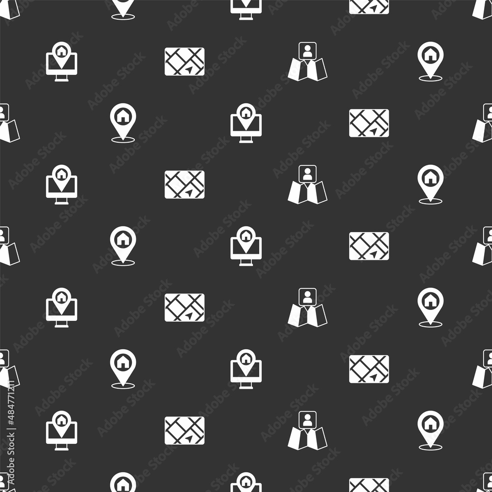 Poster set folded map with location marker, location house, monitor and gps device on seamless pattern. vec