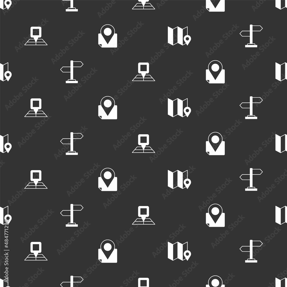 Poster set folded map with location marker, road traffic sign, and on seamless pattern. vector