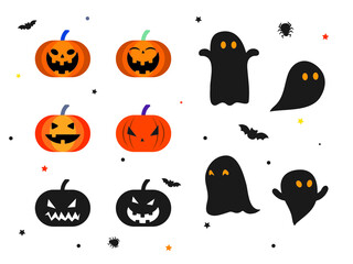 Ghosts and Pumpkin for Halloween. Cute cartoon ghosts. Pumpkin Smiling face. Flat design. Vector illustration