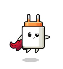 cute power adapter superhero character is flying
