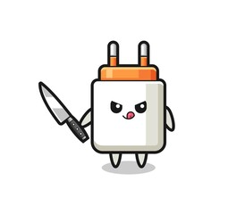 cute power adapter mascot as a psychopath holding a knife